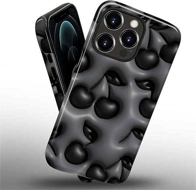 for iPhone 12/12Pro Case,HL2 Cute Cool Cherry Black Hybrid 2 Layer Hard Shell Silicone Protective Pattern Design Case