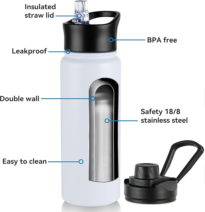 24oz Insulated Water Bottle with Straw Lid, Stainless Steel Metal Water Bottle with Straw & Wide Mouth Lid, Double Wall Vacuum Water Bottle for Hiking Camping, White 1 Pack