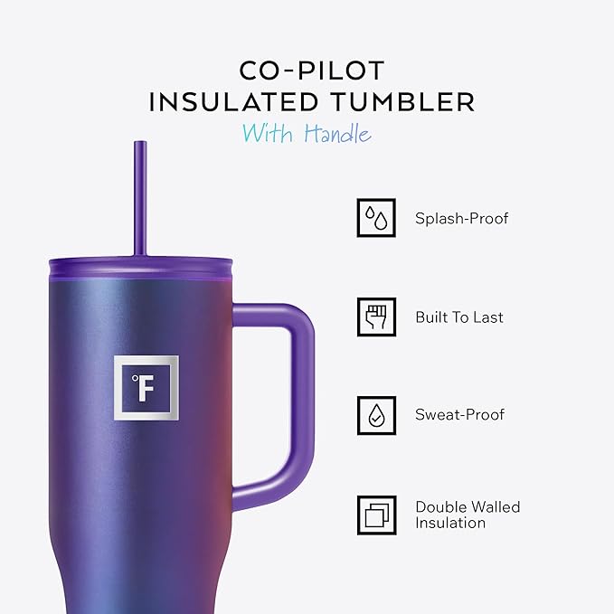 IRON °FLASK Co-Pilot Insulated Mug w/Straw & Flip Cap Lids - Cup Holder Bottle for Hot, Cold Drink - Leak-Proof- Water, Coffee Portable Travel Tumbler - Cobalt Blue Speckle, 40 Oz