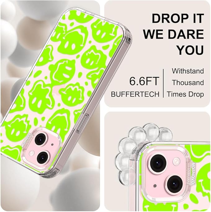 MOSNOVO Case for iPhone 15 Plus/iPhone 14 Plus, [Buffertech 6.6ft Military-Grade Drop Protection] [Anti Peel Off Tech] Clear TPU Bumper Phone Case Cover Design - Distorted Green Smiles Face