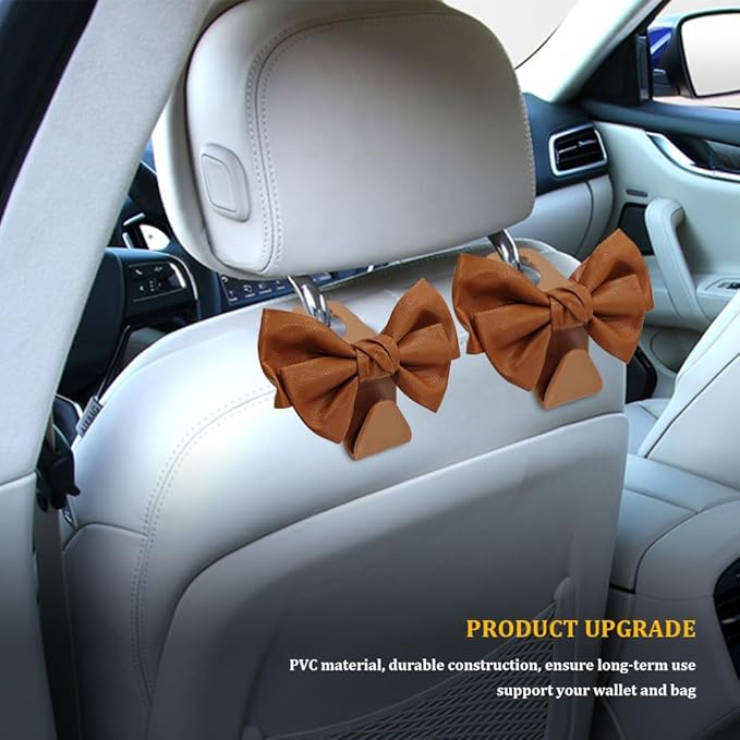 2PCS Car Hooks for Purses and Bags, Cute Bow Car Seat Headrest Hook, Car Accessories Multipurpose Back Seat Hanger Storage Organize Universal for Vehicles (2PCS-Brown Bowknot)