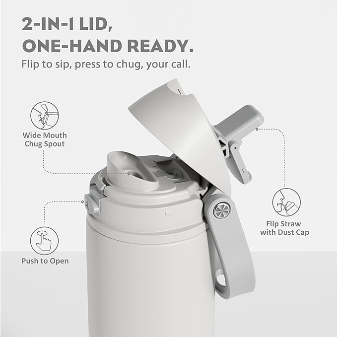 POWCAN 24 oz Metal Water Bottle with Straw for Travel: 100% Leakproof, Quick Open Lid, Keep Cold for 24 Hours, Car Cup Holder Friendly, Insulated Vacuum Flask for Commute, Workouts, Gift (Stone White)