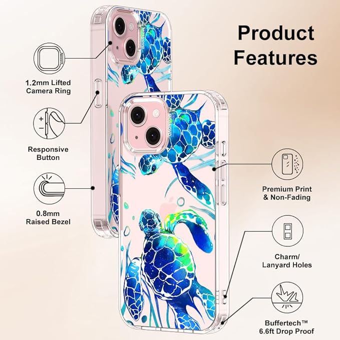 MOSNOVO Case for iPhone 15, [Buffertech 6.6ft Military-Grade Drop Protection] [Anti Peel Off Tech] Clear TPU Bumper Phone Case Cover Design - Sea Turtles