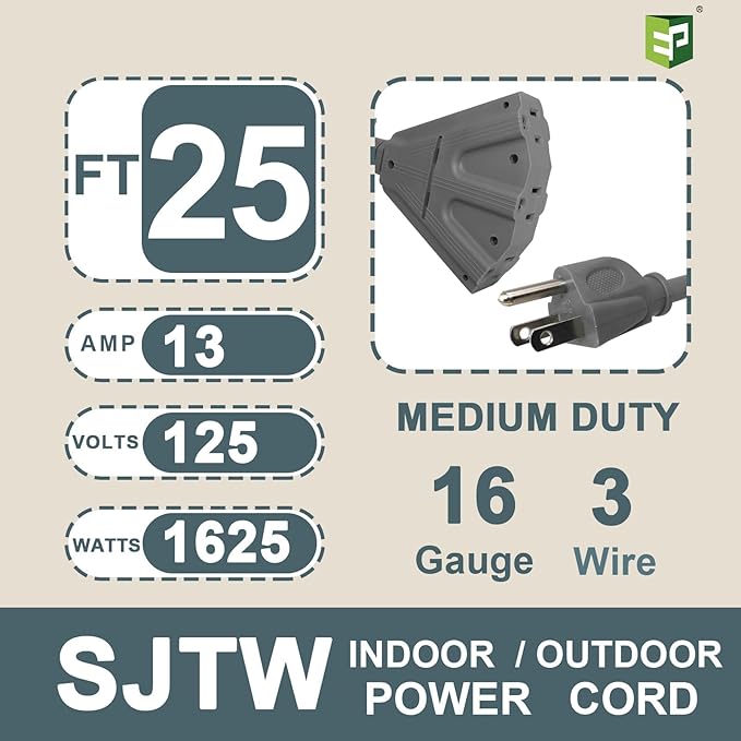 EP 25 Ft Outdoor Extension Cord with 3 Electrical Power Outlets - 16/3 SJTW Grey Cable with 3 Prong Grounded Plug for Safety Great for Christmas Lights, Garden and Major Appliances