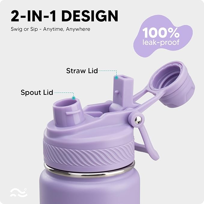 Swigina [2-IN-1 LID] Insulated Water Bottle with Silicone Boot (36hrs Cold/18hrs Hot) - DIY Stickers, Leakproof, BPA Free, 24 oz