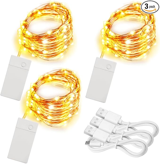 3 Pack Rechargeable Fairy Lights 10ft 30 LED, 4 Modes Battery Copper Wire String Light, Micro Firefly Starry Lighting for Wedding Party Bedroom Decor, Warm White