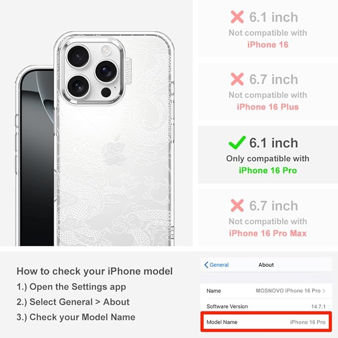 MOSNOVO Case for iPhone 16 Pro, [Buffertech 6.6ft Military-Grade Drop Protection] [Anti Peel Off Tech] Clear TPU Bumper Phone Case Cover Design - White Dragon