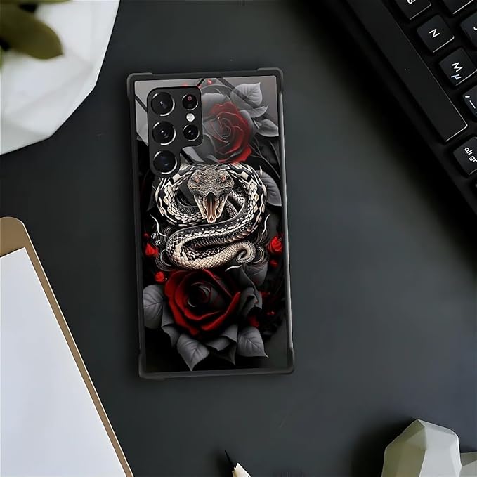 for Samsung Galaxy S22 Ultra Case, Entwined Rose Snake Pattern Graphic Design Girl Boy Soft Silicone Hard Acrylic Shock Protection for Samsung Galaxy S22 Ultra