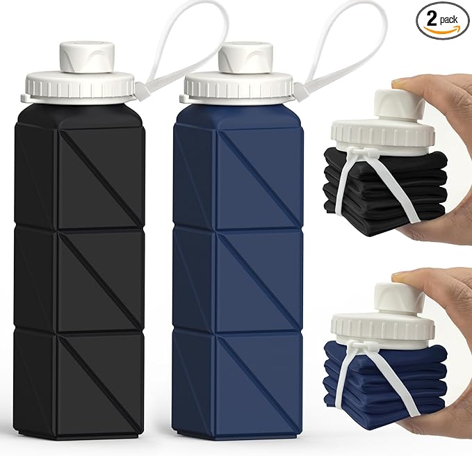 BEAUTAIL Collapsible Water Bottles 20.6oz, Silicone Foldable Portable Travel Water Bottle, BPA-Free, Leakproof Reusable for Traveling Camping Hiking Sports Outdoor, 2 Pack (Black+Dark Blue)