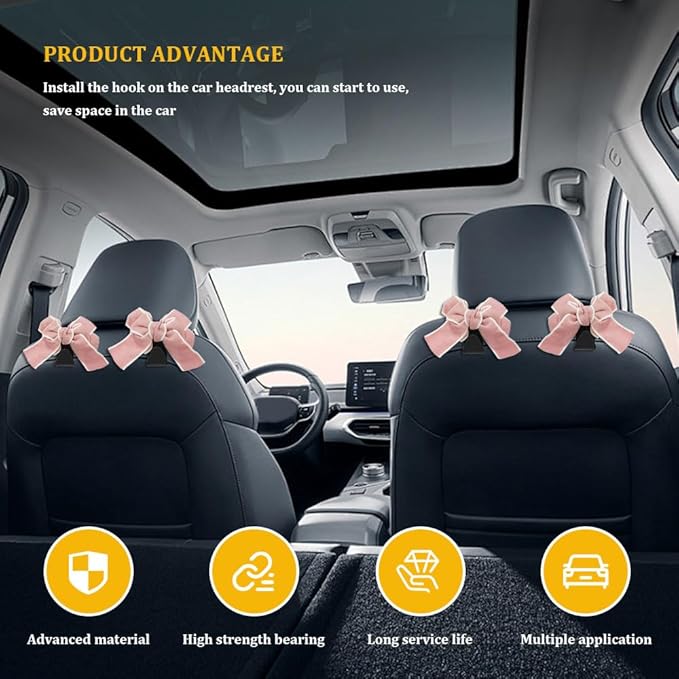 4PCS Car Hooks for Purses and Bags, Cute Bow Car Seat Headrest Hook, Car Accessories Multipurpose Portable Back Seat Hanger Storage Organize Universal Fit for Most Vehicles (4PCS-Pink Bowknot)