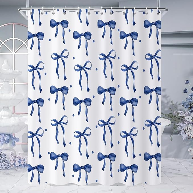 Navy Bow Shower Curtain, Navy and White Modern Aesthetic Bowknot with Polka Dot Cute Girly Bathroom Curtain Waterproof Fabric Machine Washable with Hooks, 72" Wx78 L