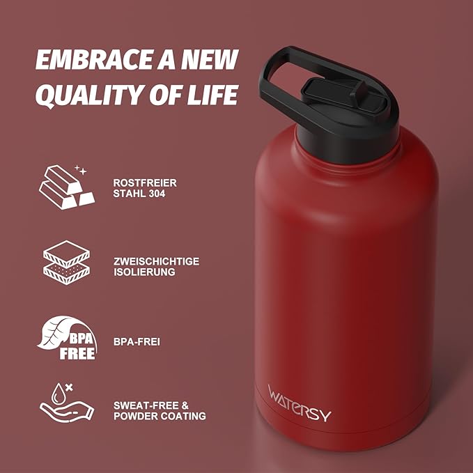 64oz Insulated Water Bottle (Cold for 48 Hrs),BPA Free&Leak Proof,Half Gallon Stainless Steel Water Flask,Water Jug with Straw Spout Lids for Gym,Hiking,Camping,Red