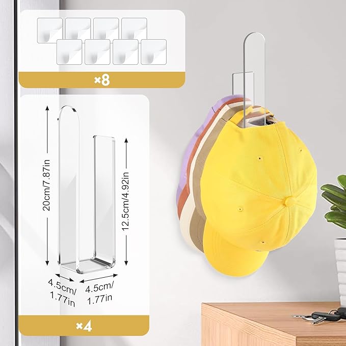 4 Pack Acrylic Hat Organizer,Hat Rack for Baseball Cap,Adhesive Hat Hooks for Wall,Sticky Clear Hat Hooks Display and Storage for Wall/Door/Closet