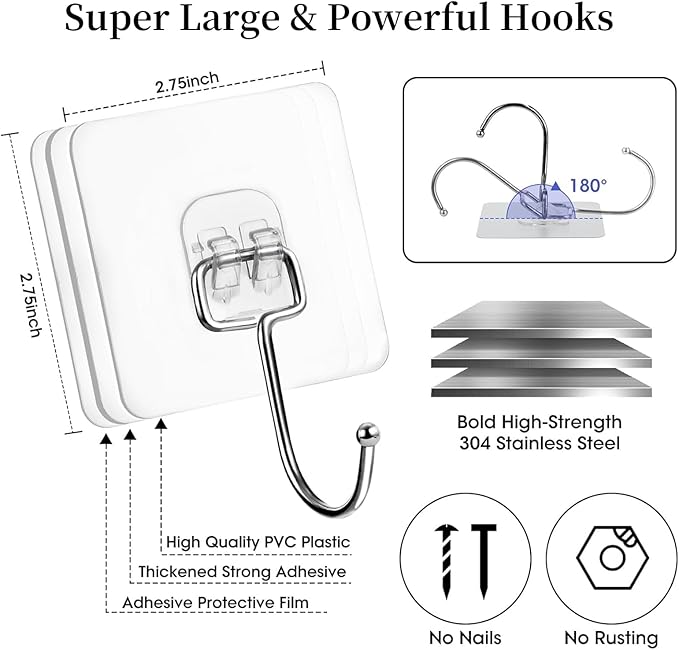 10 PCS Adhesive Wall Hooks 33lb(Max) Reusable Anti-Skid Traceless Hooks Heavy Duty 180 Degree Rotating,Waterproof and Oilproof, Bathroom Kitchen Heavy Duty Self Adhesive