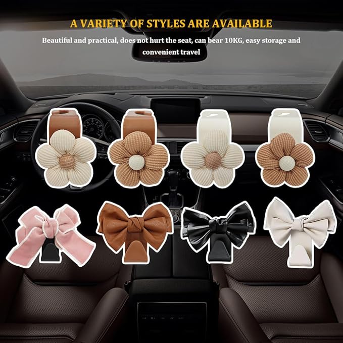 2PCS Car Hooks for Purses and Bags, Cute Bow Car Seat Headrest Hook, Car Accessories Multipurpose Back Seat Hanger Storage Organize Universal for Vehicles (2PCS-Brown Bowknot)