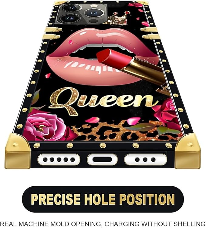 Compatible with iPhone 15 Pro Case, Glitter Red Rose Queen Leopard Lipstick Luxury Golden Decoration for Girl Women Soft TPU Shockproof Protective Hard PC Back for iPhone 15 Pro