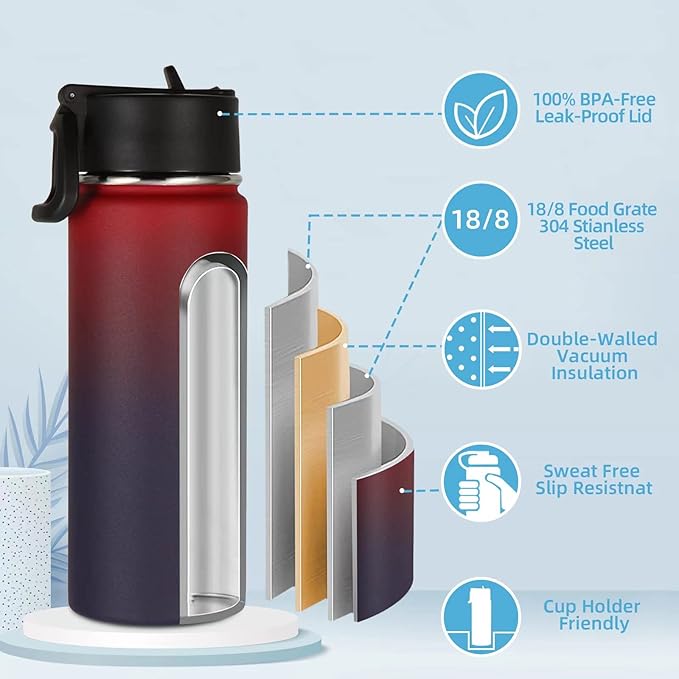 Volhoply 18oz Kids Insulated Water Bottle,Stainless Steel Water Bottles with Straw Lid,Double Wall Vacuum Metal Sports Water Flask,Wide Mouth Reusable Travel Cups For Cold Drink(Red Purple,1 Set)