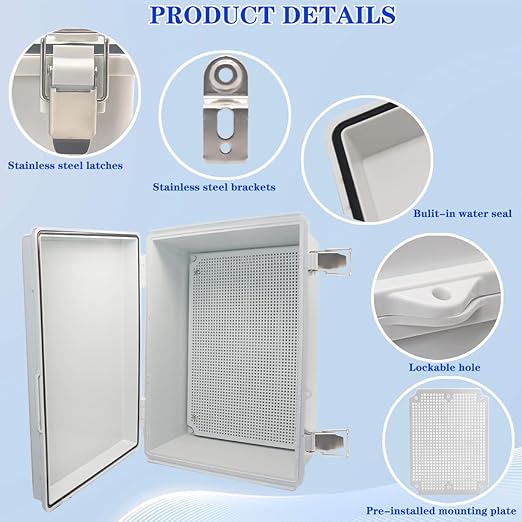 Outdoor Waterproof Electrical Box Junction Box Weatherproof IP67 ABS Plastic Enclosure Switch Router Project Box Electronics Enclosure with Mounting Plate Wall Bracket Grey 14.6"x10.6"x5.9"
