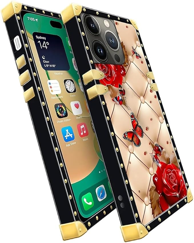 Compatible with iPhone 14 Pro Case, Shining Red Rose Butterfly Leather Background Luxury Golden Decoration for Girl Women Soft TPU Shockproof Protective Hard PC Back for iPhone 14 Pro