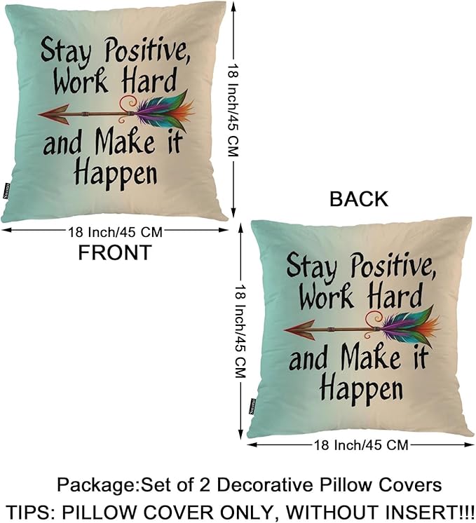 Swono Pillow Covers 18X18 Inch Set of 2 Life Quote, Throw Pillow Cases Stay Positive Work Hard and Make It Happen Arrow Pillowcase Cushion Cover Decorative for Outdoor Home Sofa Bedroom Livingroom