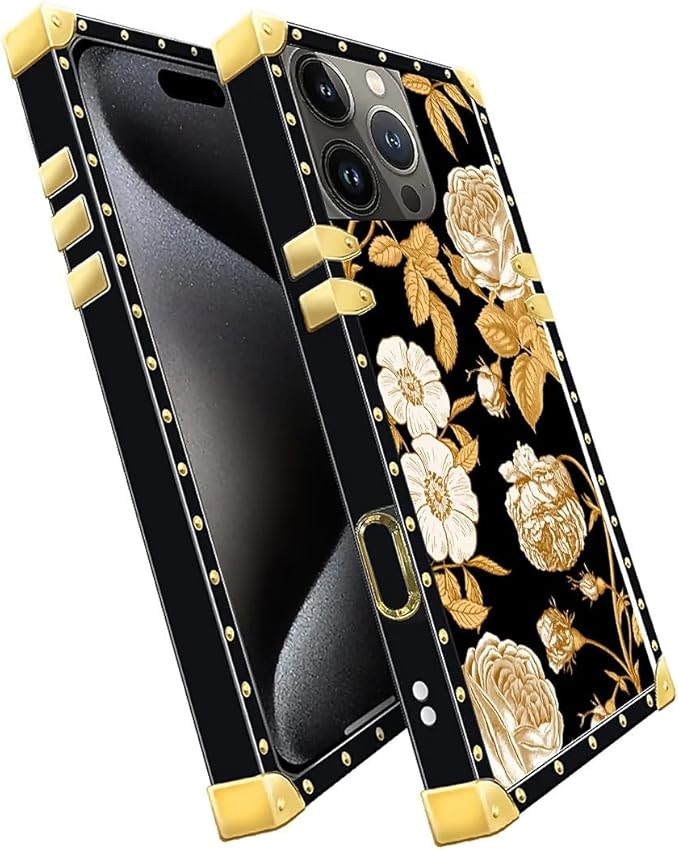Compatible with iPhone 16 Pro Max Case, Blooming Rose Golden Flower Luxury Golden Decoration for Girl Women Soft TPU Shockproof Protective Hard PC Back for iPhone 16 Pro Max