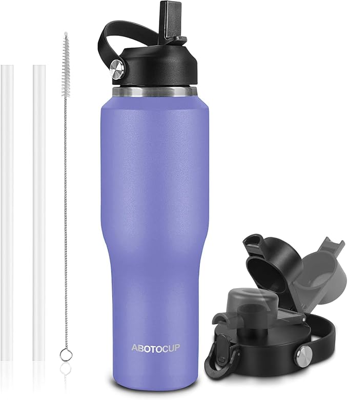 ABOTOCUP 32oz Black Water Bottle Stainless Steel, Keep Cold 24H&Hot 12H, Water Bottle with Straw&Spout Lids, Insulated Water Bottle Double Wall Vacuum, Fit in Any Car Cup Holder, Leak-proof BPA Free