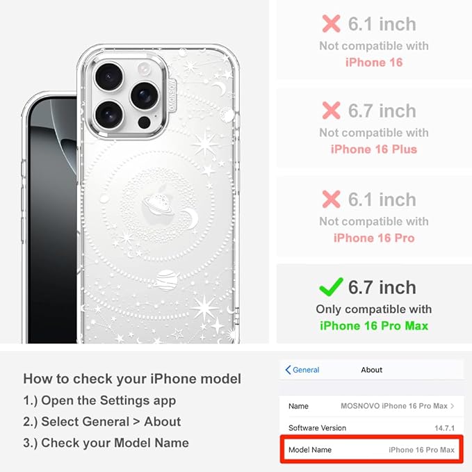 MOSNOVO Case for iPhone 16 Pro Max, [Buffertech 6.6ft Military-Grade Drop Protection] [Anti Peel Off Tech] Clear TPU Bumper Phone Case Cover Design - Galaxy
