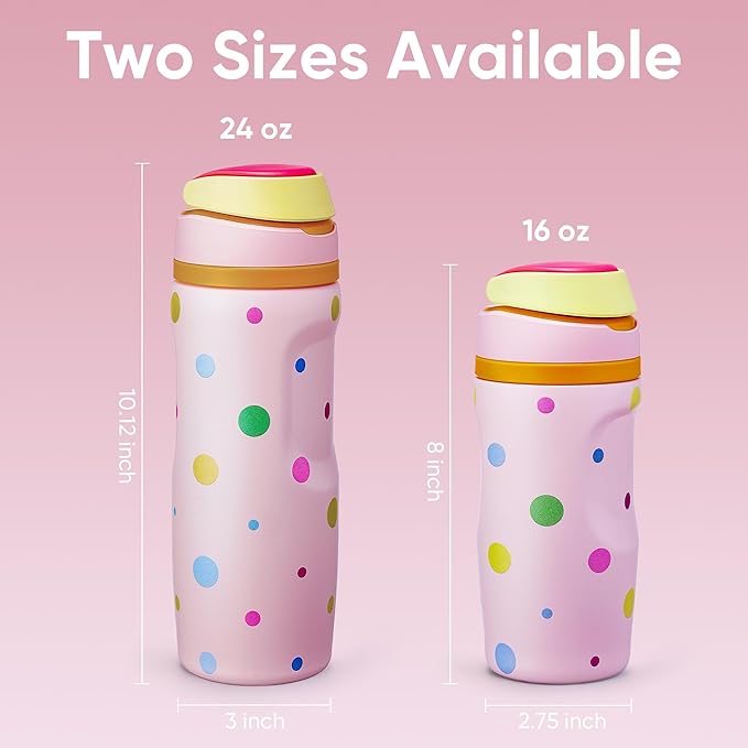 Fijinhom 16 oz Insulated Water Bottle,Stainless Steel Sports Water Bottle with Straw, Double Wall Vacuum Leak Proof, Cold for 24 Hours, BPA Free for Travel, Sport, Outdoor, Polka dot