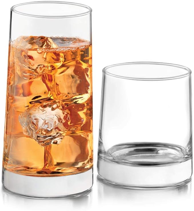 Libbey Cabos 16-Piece Rocks and Tumbler Glasses Set, Angled Glass Cups Set for Water, Juices, and More, Dishwasher-Safe Modern Glassware