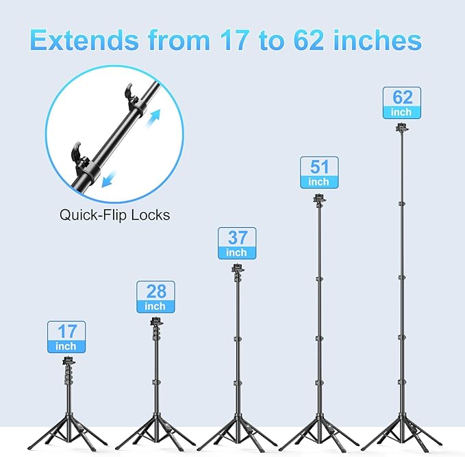 Fugetek 62" Professional Cell Phone Tripod, Ultra Stable 4 Leg Design, Bluetooth Remote, 100% All Aluminum Stick & Legs, Portable All in One, 360° Phone Mount with 2 Cold Shoe Slots, Non Skid Feet
