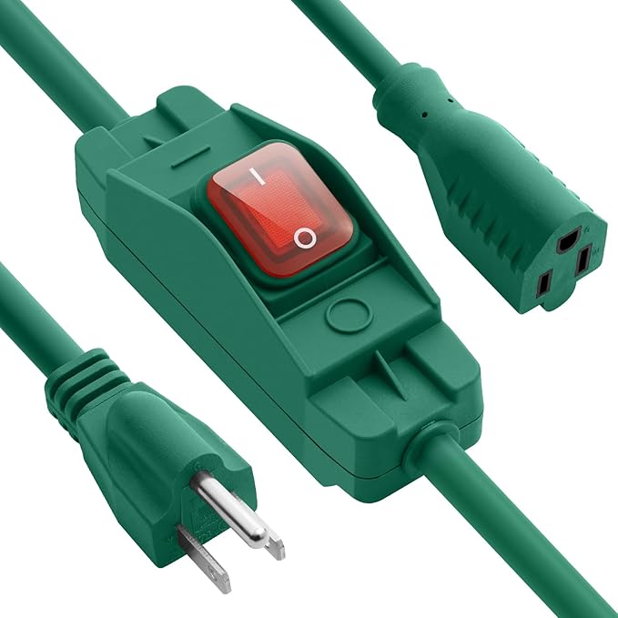 Outdoor Waterproof On/Off Switch Extension Cord, Heavy Duty 125v/250v Black SJTW Cord (25 Ft, Green)