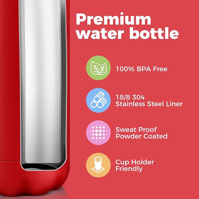 Volhoply 17oz Insulated Stainless Steel Water Bottle, Double Wall Vacuum Flask, Keeps Cold 24h & Hot 12h, Available in Packs of 1, 4, or 8（Red,1 Pack）