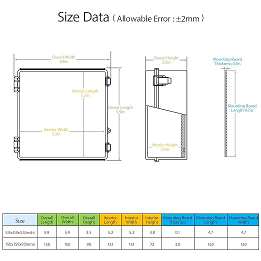 LeMotech Electrical Box, IP67 Waterproof Hinged Cover Stainless Steel Latch Junction Box, ABS Plastic Electrical Enclosure with Mounting Plate,Wall Brackets, Cable Glands,5.9"x5.9"x3.5",Grey