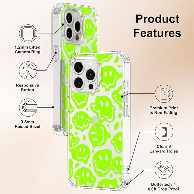 MOSNOVO Case for iPhone 15 Pro Max, [Buffertech 6.6ft Military-Grade Drop Protection] [Anti Peel Off Tech] Clear TPU Bumper Phone Case Cover Design - Distorted Green Smiles Face