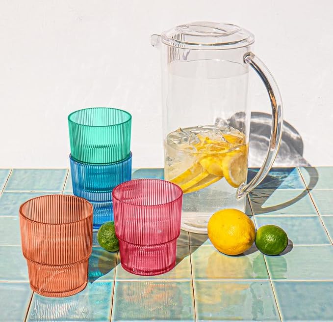Fine Ribbed Glasses & Pitcher - Multicolor - Set of 5