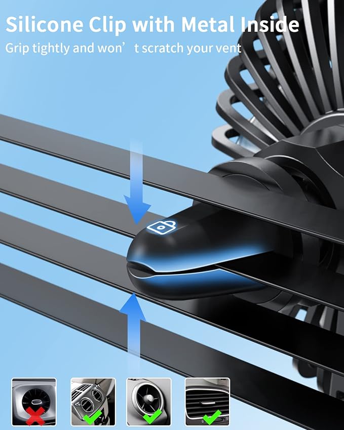 TriPole Car Fan USB Powered - Powerful 3 Speed, Portable Cooling Clip Fan for Car Vent, Quiet Brushless Motor, 360 Degree Rotatable, Air Circulation for Vehicle, Van, Truck, SUV, RV
