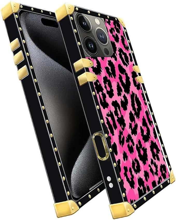 Compatible with iPhone 16 Pro Max Case, Pink Black Leopard Luxury Golden Decoration for Girl Women Soft TPU Shockproof Protective Hard PC Back