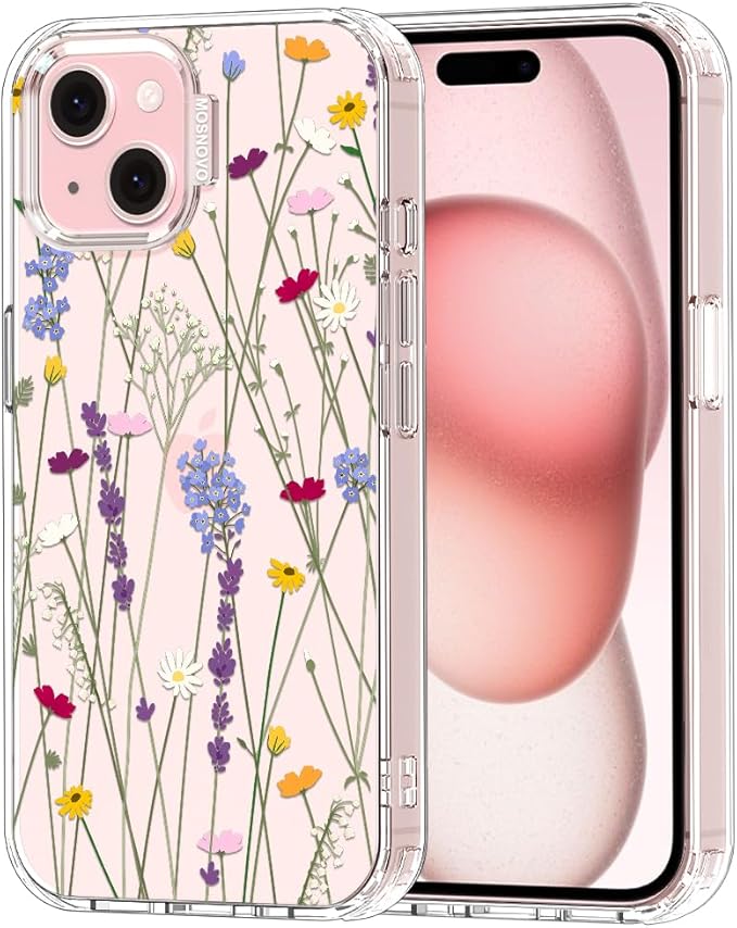 MOSNOVO Case for iPhone 15 Plus/iPhone 14 Plus, [Buffertech 6.6ft Military-Grade Drop Protection] [Anti Peel Off Tech] Clear TPU Bumper Phone Case Cover Design - Floral Garden