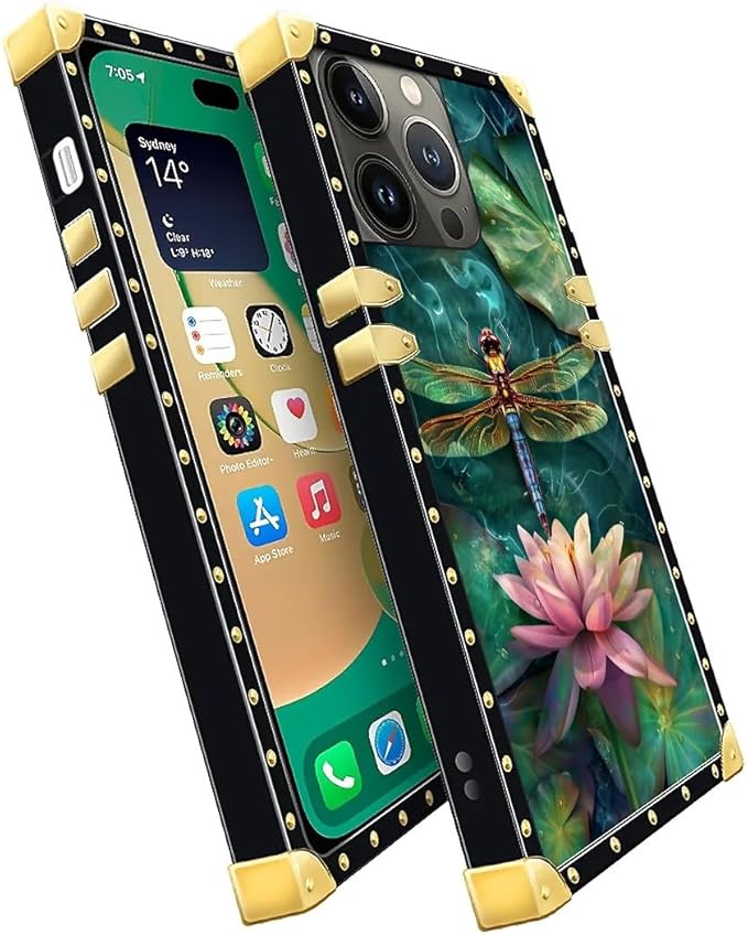 Compatible with iPhone 14 Pro Case, Colourful Dragonfly Pink Lily Pads Luxury Golden Decoration for Girl Women Soft TPU Shockproof Protective Hard PC Back for iPhone 14 Pro