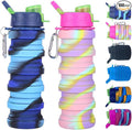 Collapsible Silicone Bottles 2 Pack - Expandable 500ml Portable Sport Bottles with Carabiner for Travel & Camping (Blue Camo + Pink Camo)