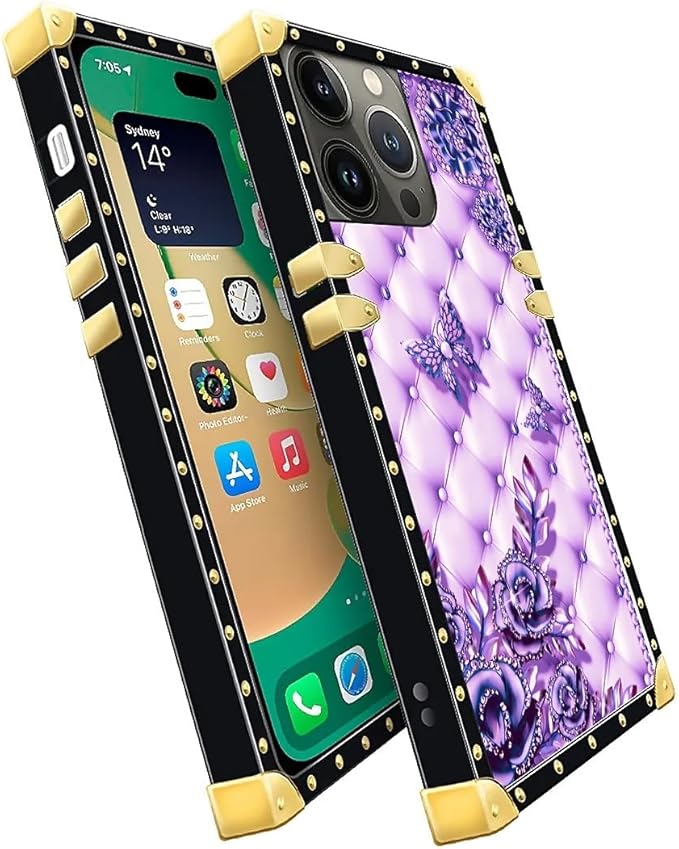 Compatible with iPhone 14 Pro Max Case, Purple Butterfly Flowers Leaf Luxury Golden Decoration for Girl Women Soft TPU Shockproof Protective Hard PC Back for iPhone 14 Pro Max