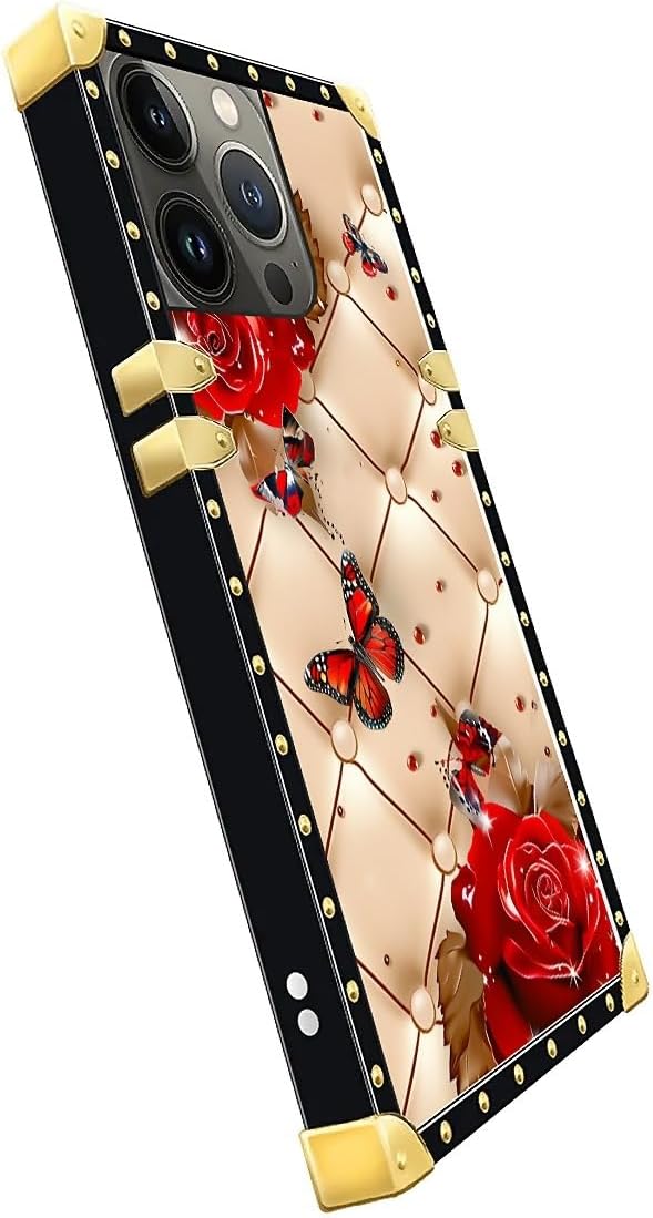 Compatible with iPhone 13 Pro Case, Shining Red Rose Butterfly Leather Background Luxury Golden Decoration for Girl Women Soft TPU Shockproof Protective Hard PC Back for iPhone 13 Pro