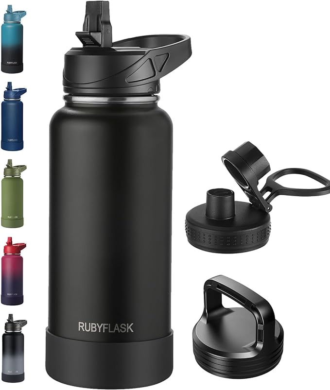 RUBYFLASK 32oz Insulated Water Bottle with Straw, Stainless Steel Metal Vacuum Water Flask, Large Thermal Water bottle with Leakproof 3 Lids for Travel, Camping, Gym Sports Black