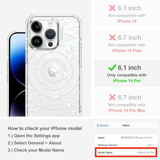 MOSNOVO Case for iPhone 14 Pro, [Buffertech 6.6ft Military-Grade Drop Protection] [Anti Peel Off Tech] Clear TPU Bumper Phone Case Cover Design - Galaxy