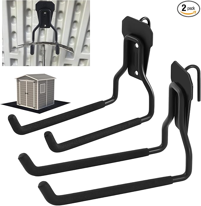 MorningRo 2 Pack Shed Accessories Multi Purpose Shed Hooks Metal Power Tool Holder for Large or Small Tools or Shovels, Black (Straight)