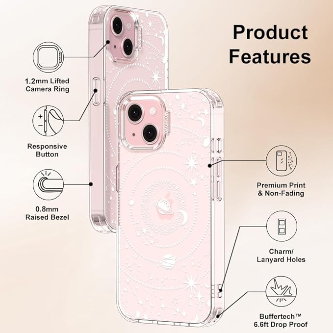 MOSNOVO Case for iPhone 15 Plus/iPhone 14 Plus, [Buffertech 6.6ft Military-Grade Drop Protection] [Anti Peel Off Tech] Clear TPU Bumper Phone Case Cover Design - Galaxy