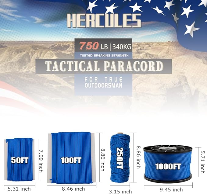 HERCULES 750lb Paracord 4mm 11 Strands Tactical Parachute Cord, 50' 100' 250' 1000' Utility Rope for Camping, Survival, Outdoor Gear (Royal Blue, 100FT)