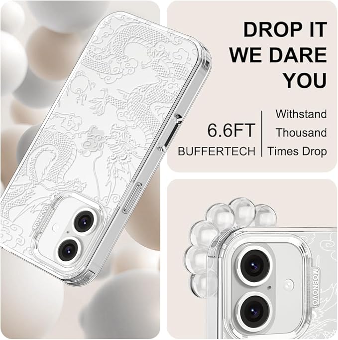 MOSNOVO Case for iPhone 16, [Buffertech 6.6ft Military-Grade Drop Protection] [Anti Peel Off Tech] Clear TPU Bumper Phone Case Cover Design - White Dragon