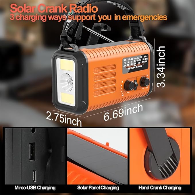 20000mAh Weather Radio NOAA/AM/FM, Emergency Radio Hand Crank Solar Flashlight Battery Powered Phone Charger, Reading Lamp, Headphone Jack, SOS & Compass for Storm Emergencies