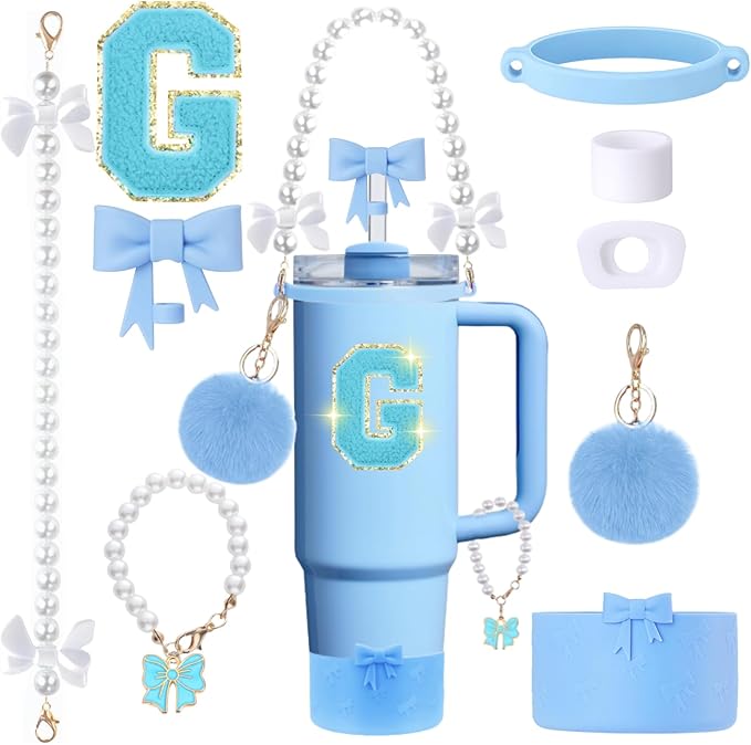9pcs Stanley Cup Accessories Set- for 30oz 40oz Tumblers with Handle - Bule Kit Includes Bow Straw Topper and Boot, Charm, Pearl Handle Strap & Stickers - Aesthetic Girl Gifts (G)